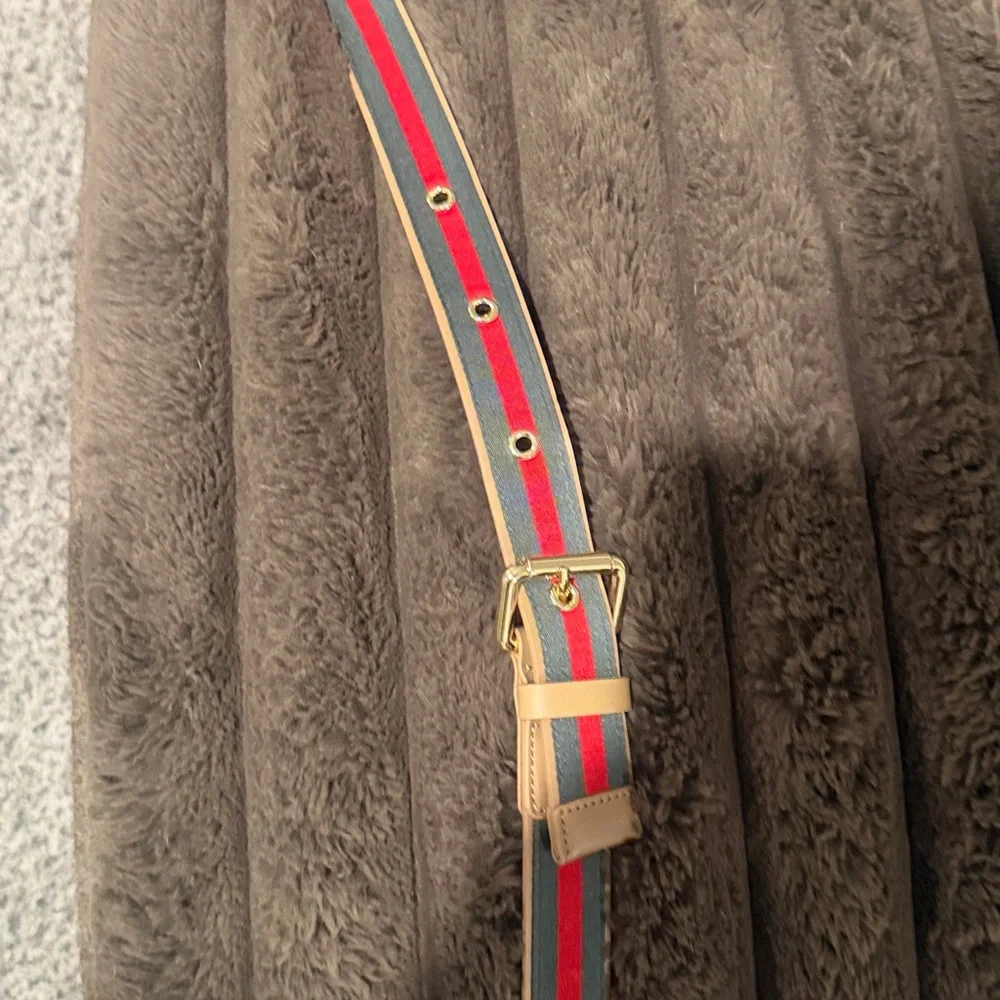 Bandolier Kimberly Crossbody Phone Case Tan with Red & Green Stripe Strap